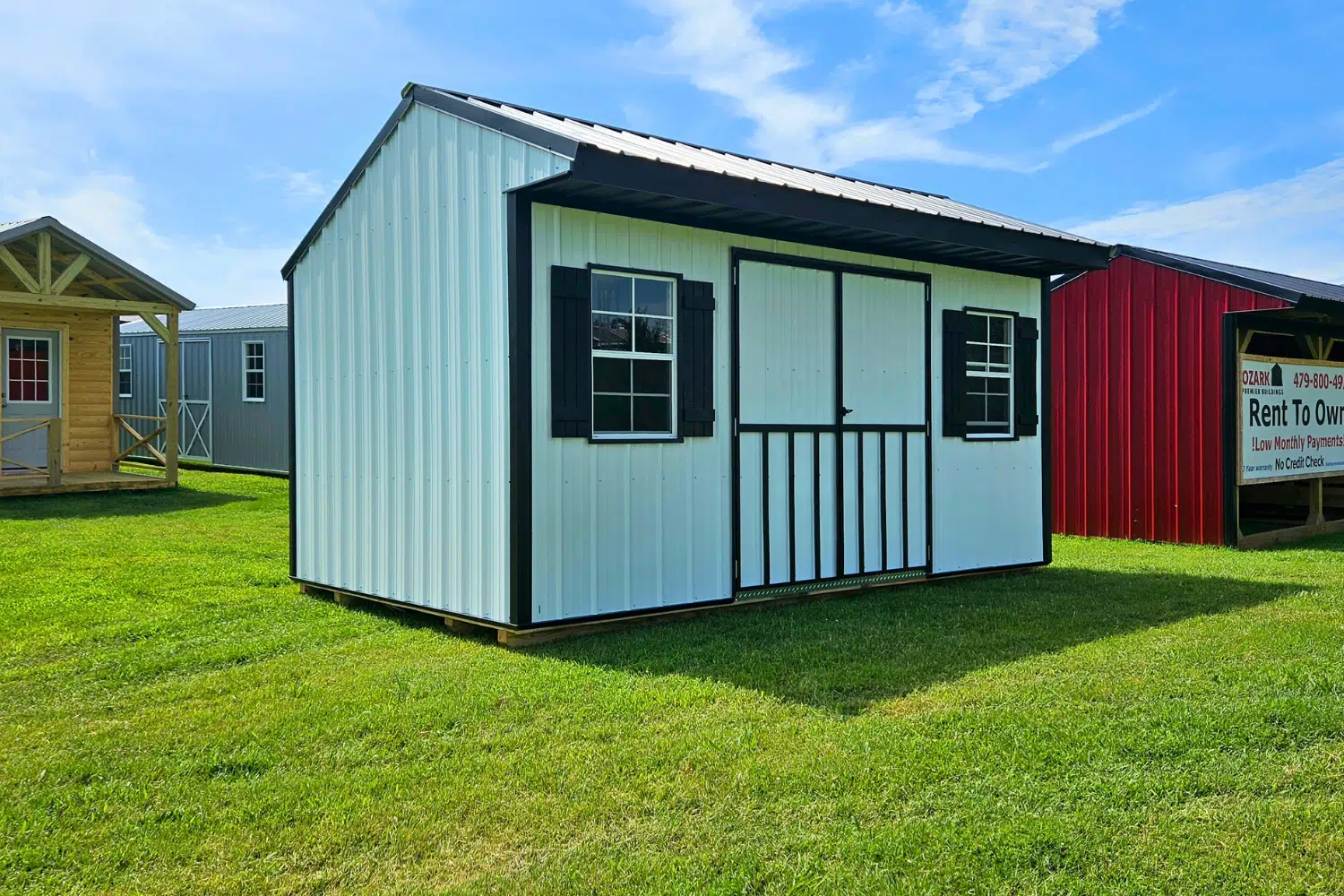 Garden storage shed with overhang