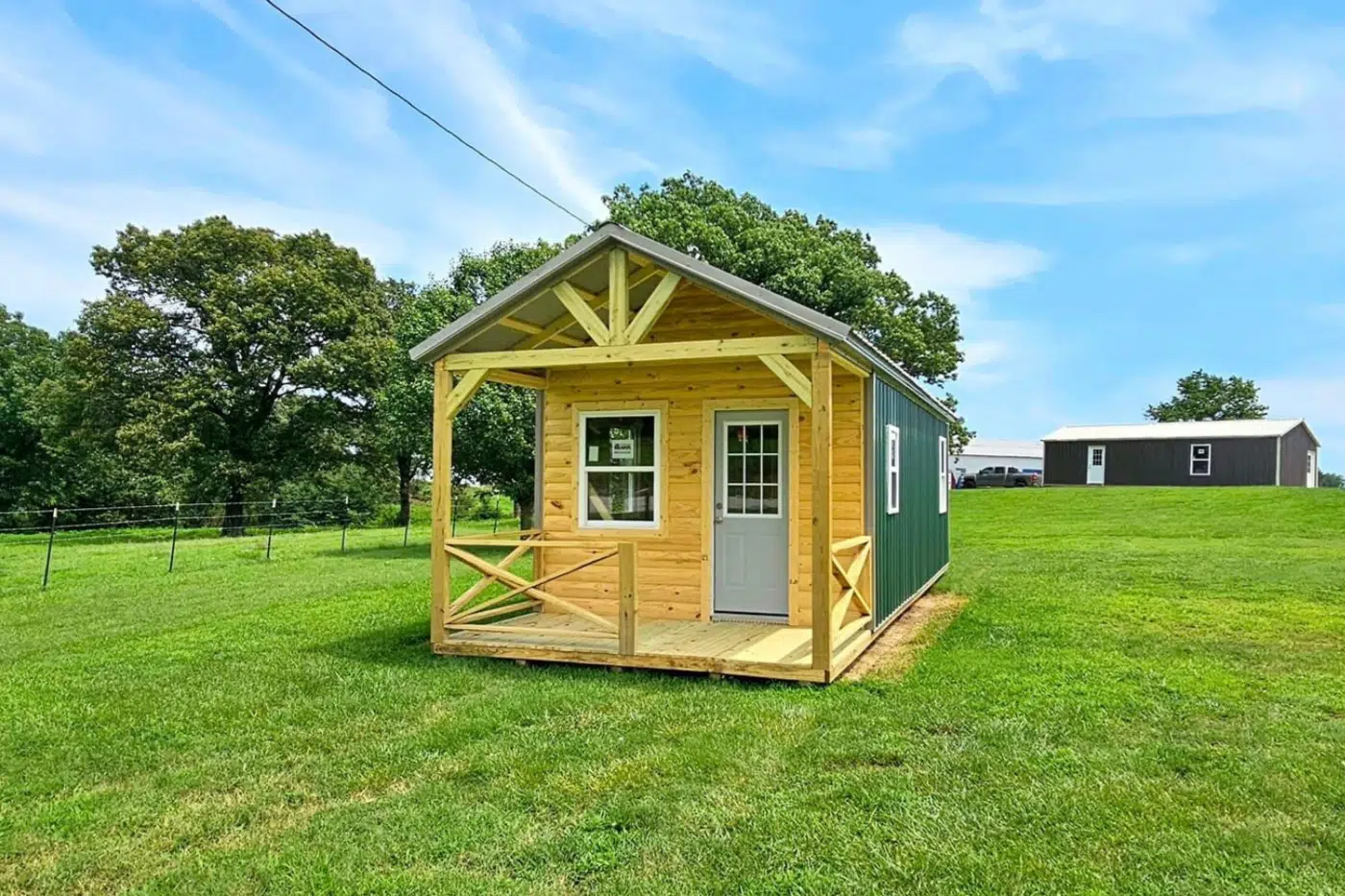 Finished prefab cabin with porch