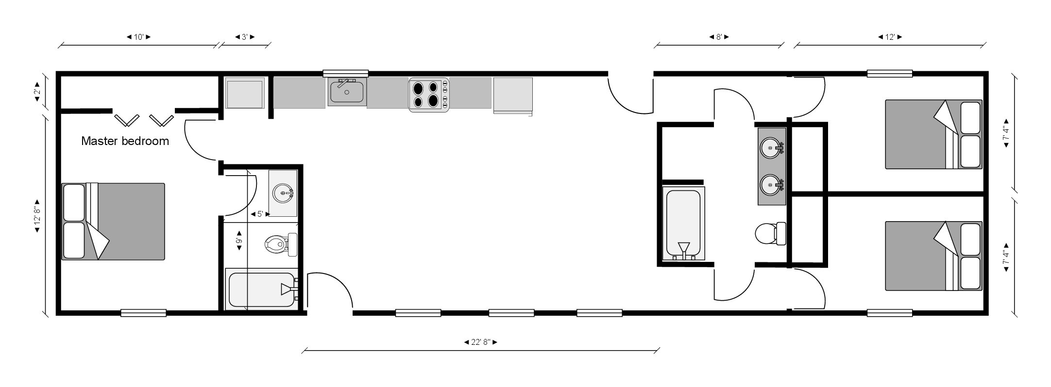 Ozarks Cabin 16 by 60 foot three bedroom two bathroom example floor plan